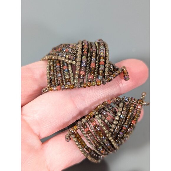 Boho Western Bronze Tone Glass Bead Braided Wide Cuff Bracelet 6.5" - Picture 4 of 6